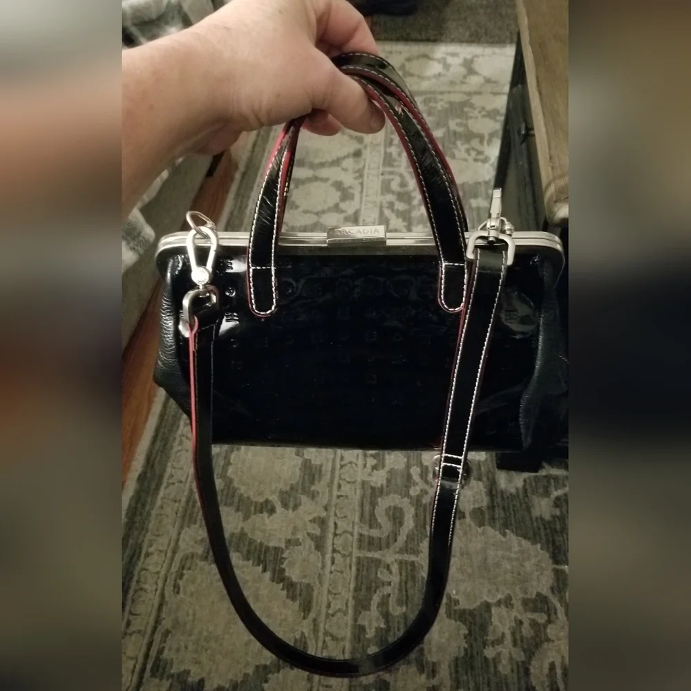 Arcadia Black Patent Leather Satchel with Top Handles & Removable Shoulder Strap